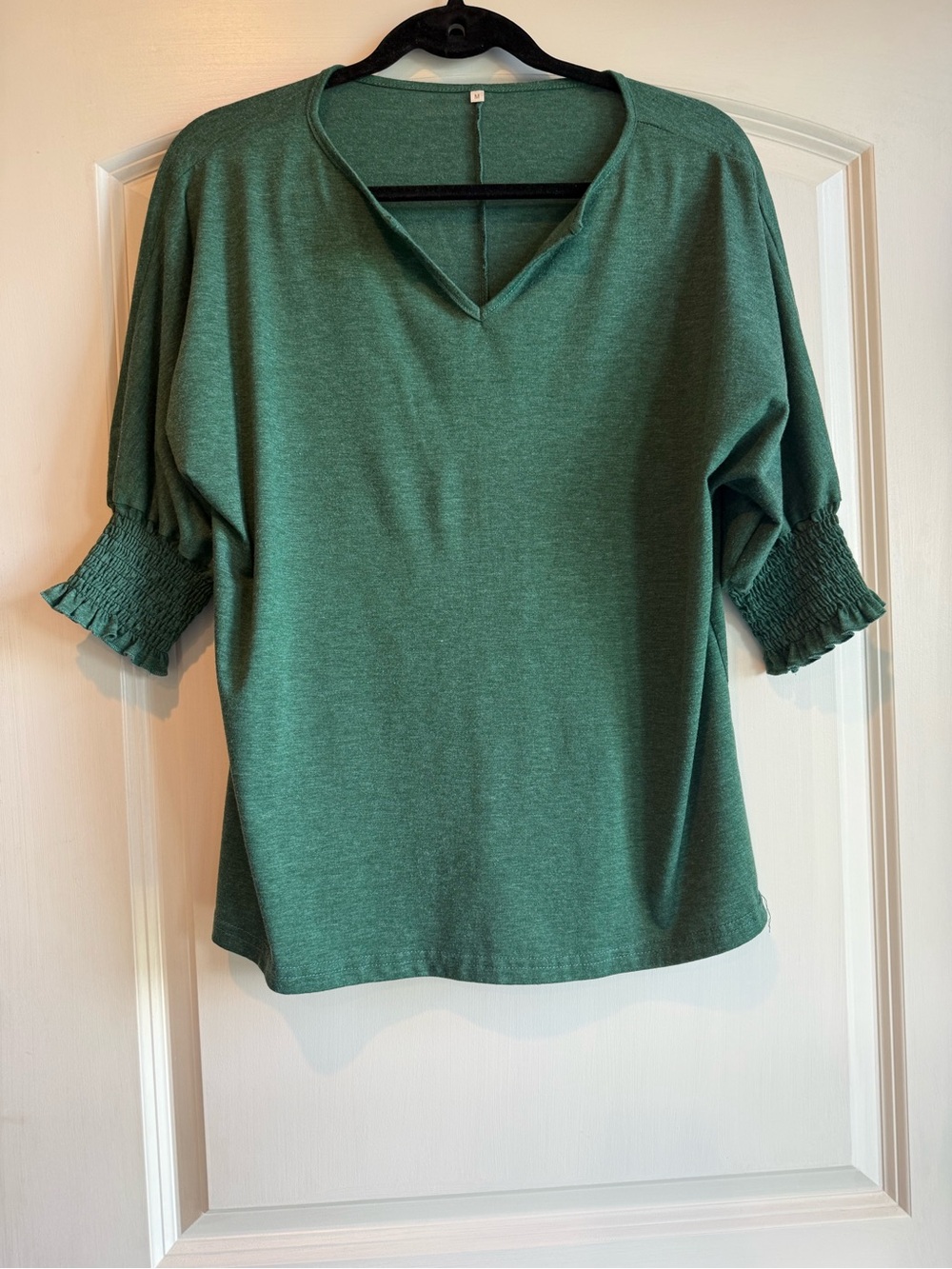 Women's Green V-Neck Smocked Sleeve Top